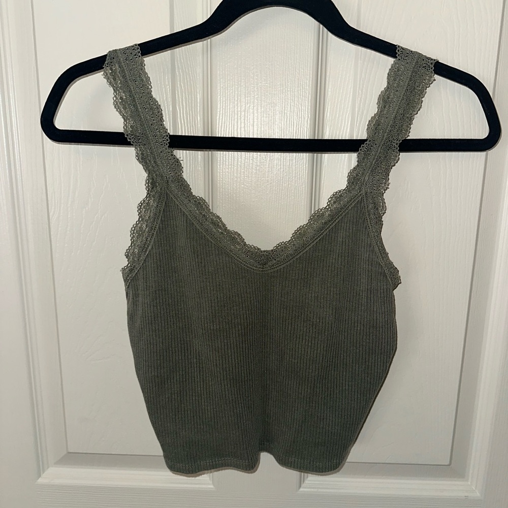 American Eagle Outfitters Olive Green Lace Trim Crop Top